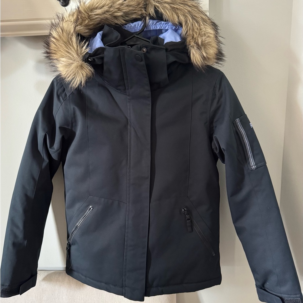 Roxy Girl Ski Jacket Black Size 12 L Faux Fur Trim Hooded